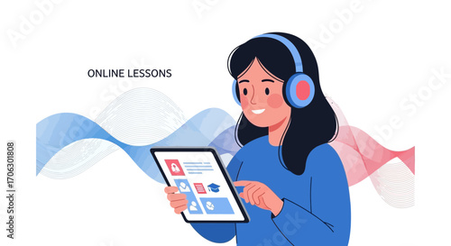 Virtual Learning Illustration: Woman Enjoying Online Lessons on Digital Tablet with Headphones