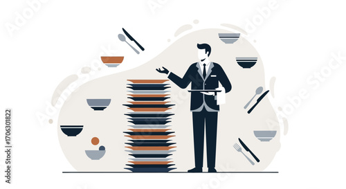 Stylish Waiter Presenting Dishes Service in a Chic and Modern Restaurant Setting