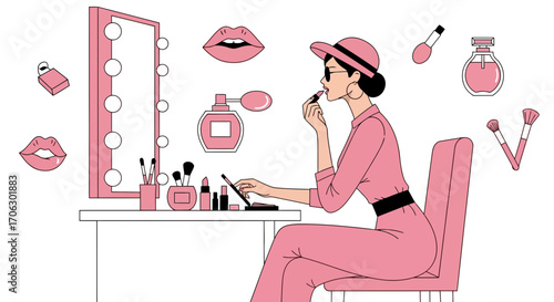 Stylish Woman Applies Lipstick in Pink Dressing Room, Elegant Illustration