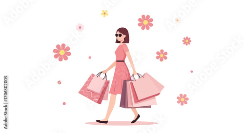 Stylish Woman Enjoys Shopping, Featuring Bags, Dress, And Floral Decoration For Spring