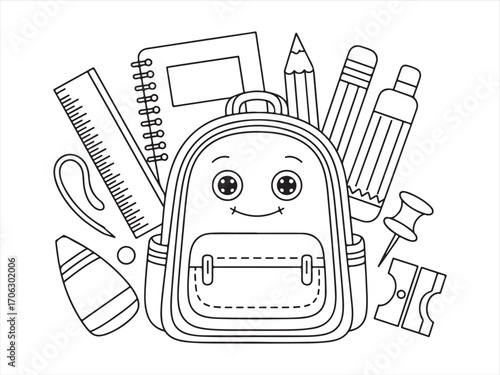 Funny cartoon backpack character with classroom tools coloring sheet