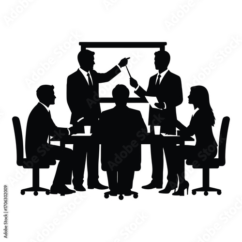 Business meeting silhouettes people collaborating around a table discussing a presentation silhouette
