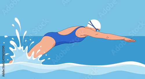 Vivid Swimming Action, Athlete Diving Gracefully into Aquatic Embrace, Splashing Water