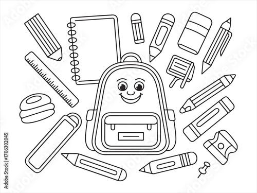 Cute schoolbag with smiling face surrounded by pencils and stationery line art