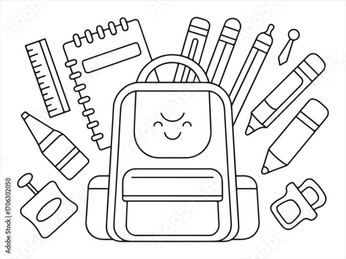 Cartoon backpack with school supplies black and white coloring page illustration