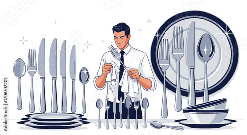 Waiter Polishing Cutlery Preparation For Fine Dining Experience, Cleanliness, And Service
