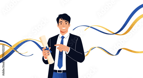 Successful Male Graduate Holding Diploma with Abstract Blue and Gold Ribbon Background