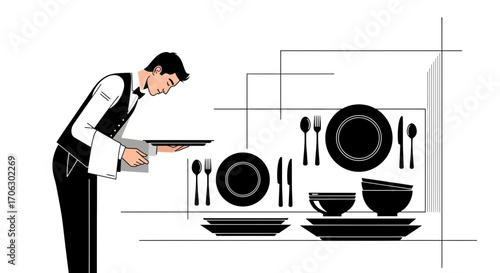 Waiter Presenting Table Settings with Plates, Cutlery, and a Conceptual Geometric Outline