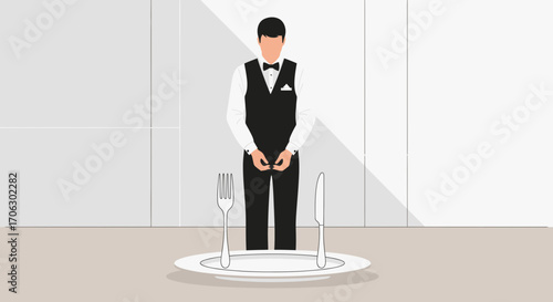 Waiter Standing Before Dinnerware, Ready To Serve Diners, Waiting Patiently To Begin