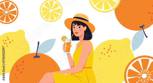 Summer Relaxation: A Well-Dressed Young Lady Relishes Citrus Juice and Sunshine