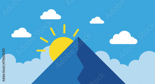 Sunrise Over Mountain, Abstract Illustration, Sky, Clouds, Sunlight, Cartoonish Art