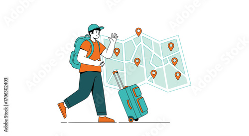 Waving Traveler Plans Adventures Embarking With Guide And Destinations On Map