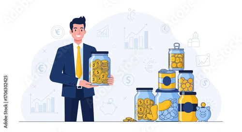 Wealthy Businessman Displaying Finance And Savings With Growth Charts And Currency Symbols