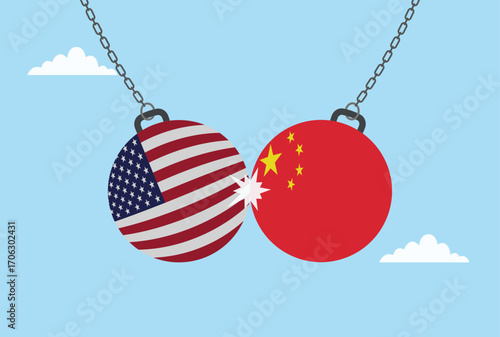 Vector illustration of two dumbbells colliding, one with the China flag and the other with the USA flag, symbolizing tension and competition between the two nations
