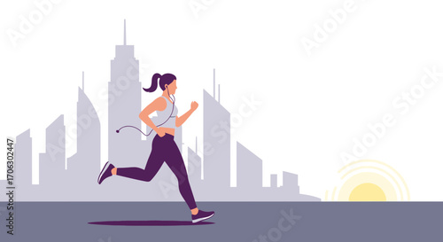 Sunrise Run, Female Athlete Jogging with Music, In Front Of The City, Vector Illustration