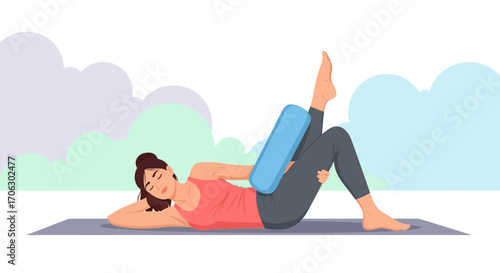 Wellness Practice Depicted: A Woman Engaging In Supportive Yoga Pose With Pillow