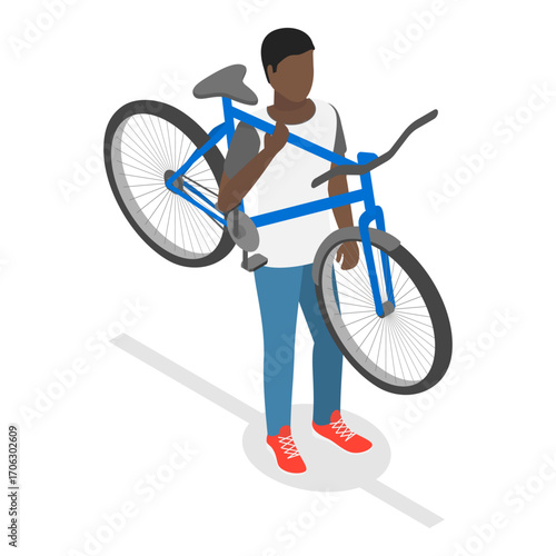 3D Isometric Flat Vector Set of Cycling People, Recreational Outdoor Activity. Item 5
