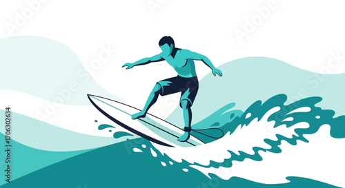 Surfer Carving Water: Dynamic Illustration of Coastal Sports Adventure on White Background