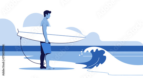 Surfer Contemplating The Incoming Wave, Ready To Ride The Ocean's Power For An Adventure