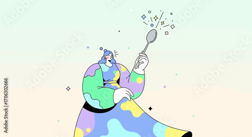 Whimsical Woman Conjuring Delights with a Silver Spoon, Magical Food Illustration