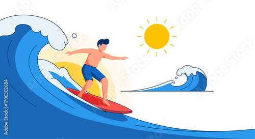 Surfer Enjoying The Ocean Wave During A Sunny Summer Day And Riding The Surfboard
