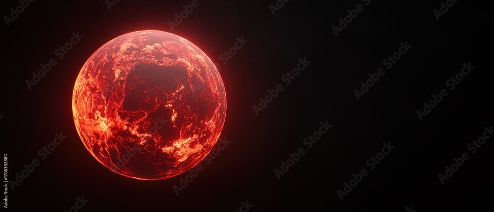 Obraz premium A fiery red planet glows against a dark background, showcasing swirling patterns of light and texture.