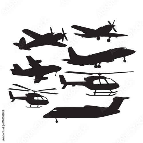 Airplane and Helicopter Silhouette Vector Icons Set for Aviation, Travel, and Transportation Design