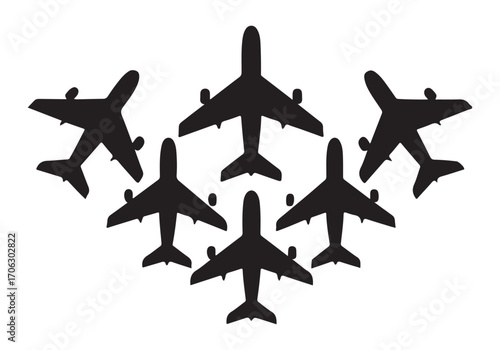 Airplane Formation Silhouette Vector Icons for Aviation, Air Show, Travel, and Transport Themes