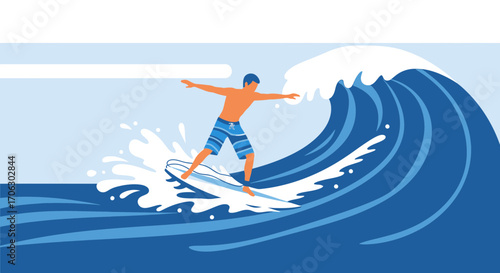 Surfer Rides A Crashing Wave During A Sunny Day Displaying Amazing Sport Activities
