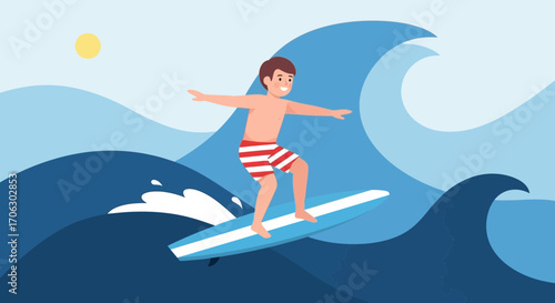 Surfer Rides Ocean Wave Under Sunny Skies Depicting Coastal Adventure and Aquatic Joy