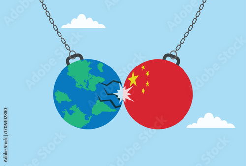 Vector illustration of a dumbbell with the china flag colliding with a world globe, symbolizing china's growing global influence and impact
