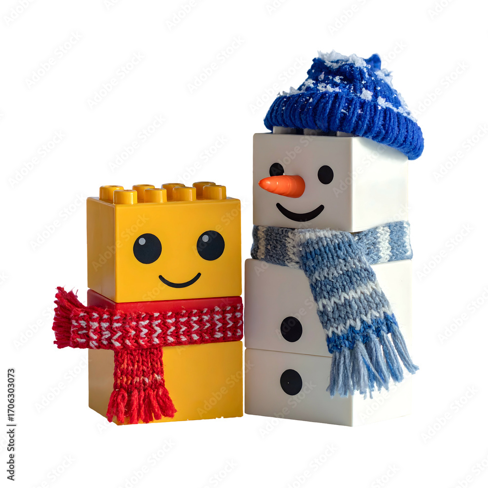Naklejka premium Winter snowman and lego blocks