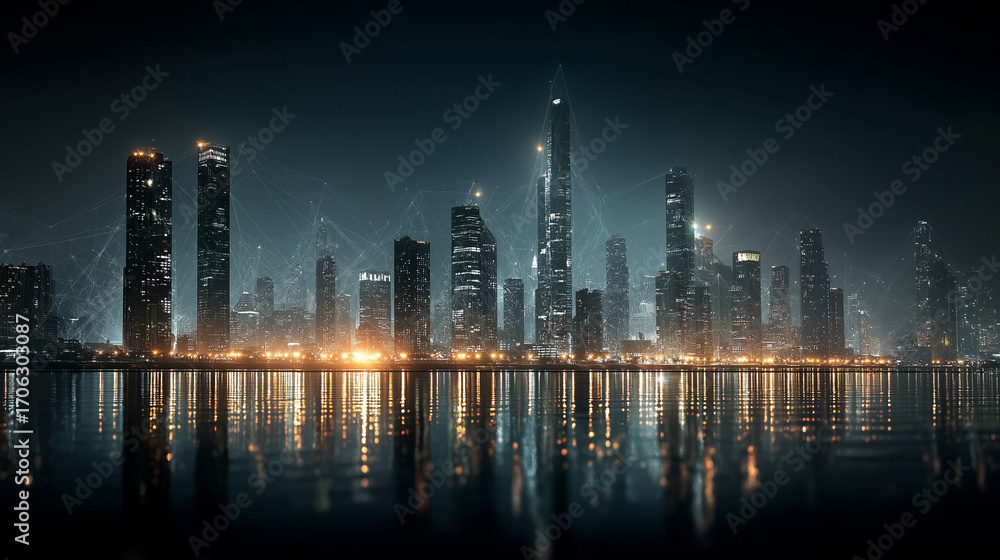 Obraz premium Futuristic smart city skyline at night, neon lights, connected buildings with glowing data streams across rooftops