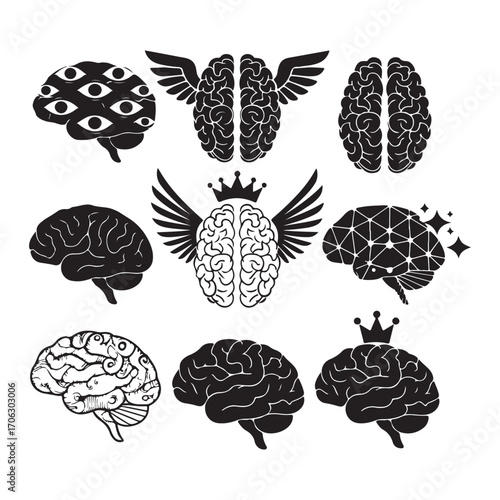 Creative Brain Silhouette Vector Icons Set for Psychology, Neuroscience, and Innovation Projects