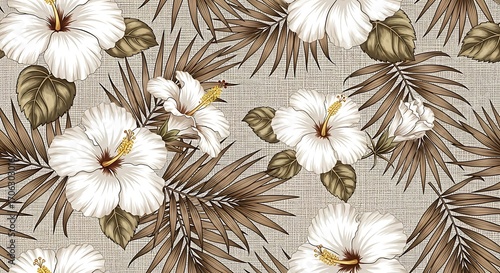 Vintage tropical floral pattern with white hibiscus and palm leaves
