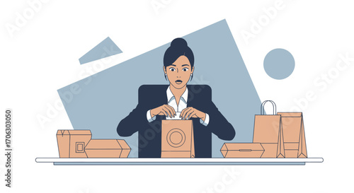 Surprised Businesswoman Examining Takeaway Package In A Delightful Illustration