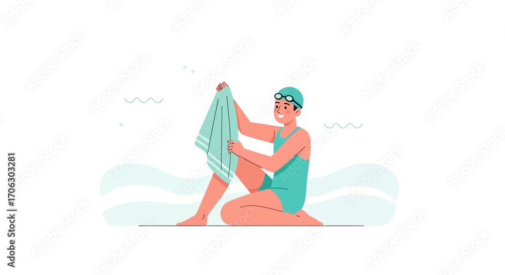 Obraz premium Swimmer Drying Off After Aquatic Training With A Towel And Swim Cap in Vector Art