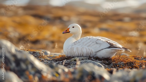 Snow goose nestled in open tundra with sunlit lichen patches, its feathers echoing the bright and pale tones of the rocky surface -