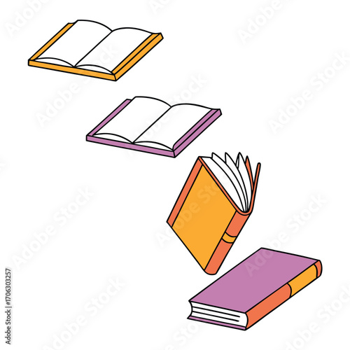 Vector art of collection of open and closed books in various colors