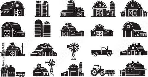 Minimalist farm icon set – black-and-white silhouettes of barns, silos, tractors, windmills, and pickup trucks for agriculture, rural design, and farming-themed branding.