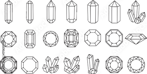 Minimalist crystal and gemstone silhouette set – black-and-white icons of prismatic clusters and faceted cuts for geology, jewelry design, tattoo art, and mystical branding.