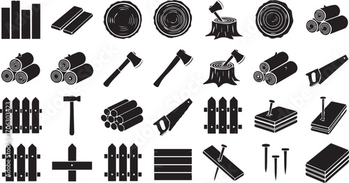 Minimalist woodworking and lumber icon set – black-and-white silhouettes of logs, planks, axes, saws, nails, fences, and stumps for carpentry, forestry, and construction design.
