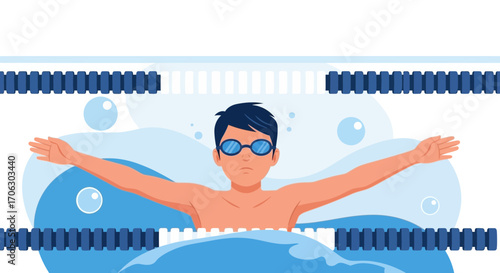 Swimmer With Goggles Performing Butterfly Stroke In Swimming Pool Illustration