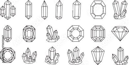 Minimalist crystal and gemstone silhouette set – black-and-white icons of 20 faceted cuts, prisms, and clusters for geology, jewelry, tattoo art, and mystical design.