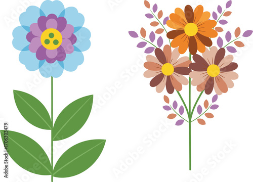 Stylized flower bouquet and single bloom illustration with colorful petals, leaves, nature elements for vector design, decorative botanical art