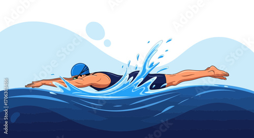 Swimming Athlete In Lively Action Through Crystal Clear Azure Waters With Motion Splash
