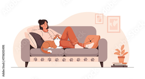Woman And Cat Relaxing At Home On Modern Sofa With Cozy Comfort And Adorable Pet