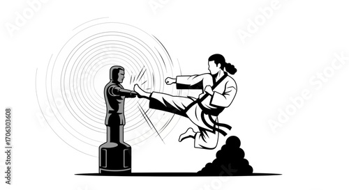 Taekwondo Athlete Kicking A Training Dummy With Energy, Martial Arts Black And White