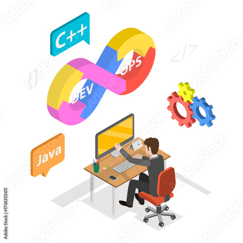 3D Isometric Flat Vector Illustration of DevOps, Streamlineing Development And Operations Processes. Item 2