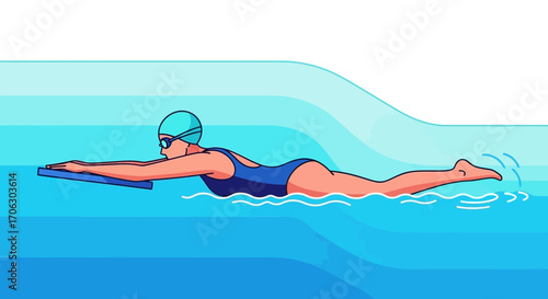 Swimming Training: A Graphic Illustration Of An Athlete Practicing With A Kickboard In The Water